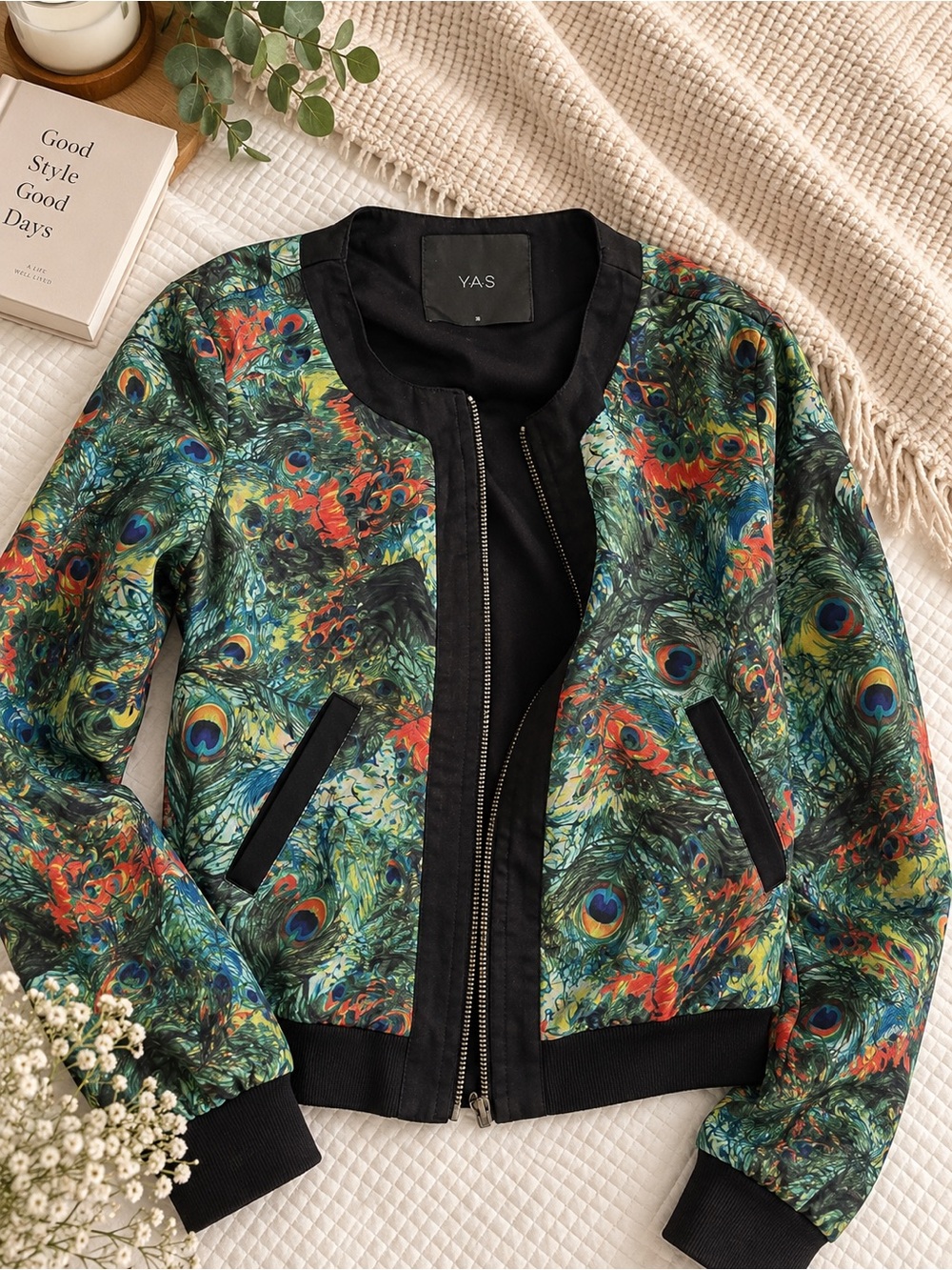 Y.A.S. Peacock-Print Bomber Jacket in Green & Blue